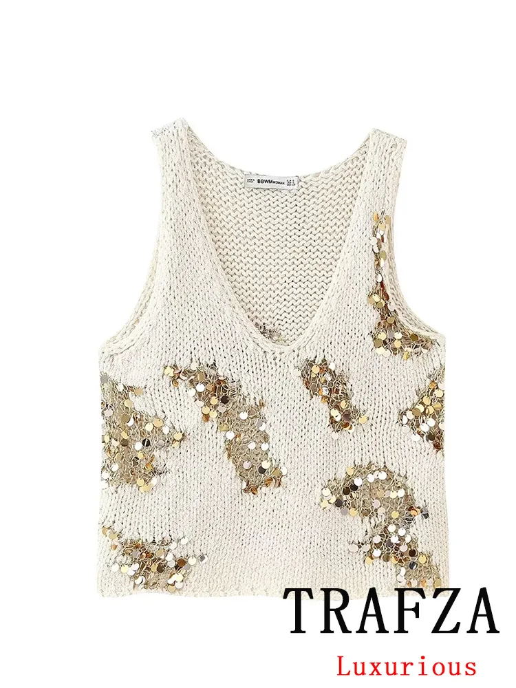 TRAFZA Vintage Casual Chic Women Vest con scollo a v con paillettes senza maniche gilet dritto lavorato a maglia New Fashion 2024 Summer Holiday Top