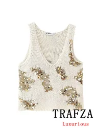 TRAFZA Vintage Casual Chic Women Vest con scollo a v con paillettes senza maniche gilet dritto lavorato a maglia New Fashion 2024 Summer Holiday Top femminile