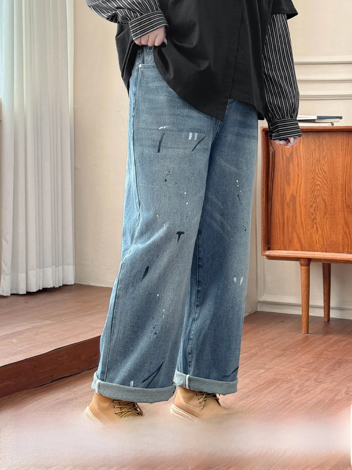 

Artistic Long Leg Wide Leg Jeans plus Size Women's High Waist Cotton Vintage Printed Splaed Ink New Autumn Sle