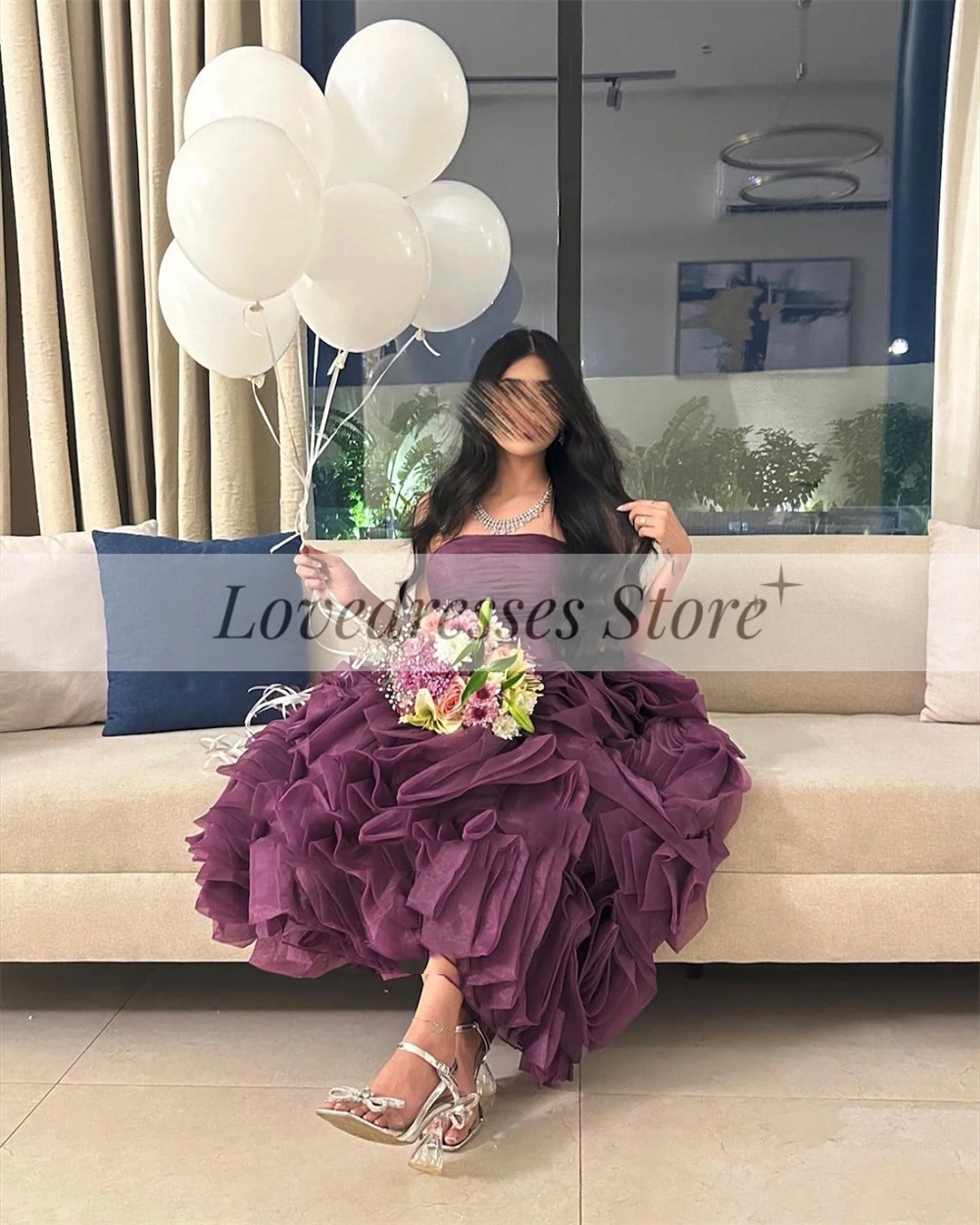 Customized A-line Ruffles Charming Backless Strapless Sleeveless Prom Gown Ankle-Length Evening Party Dresses فساتين السهرة 2023