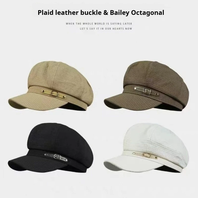 Women Octagonal Newsboy Cap Waffle Texture Beret Hat with Metal Buckle Strap Winter Vintage British Style Short Brim Peaked Hats