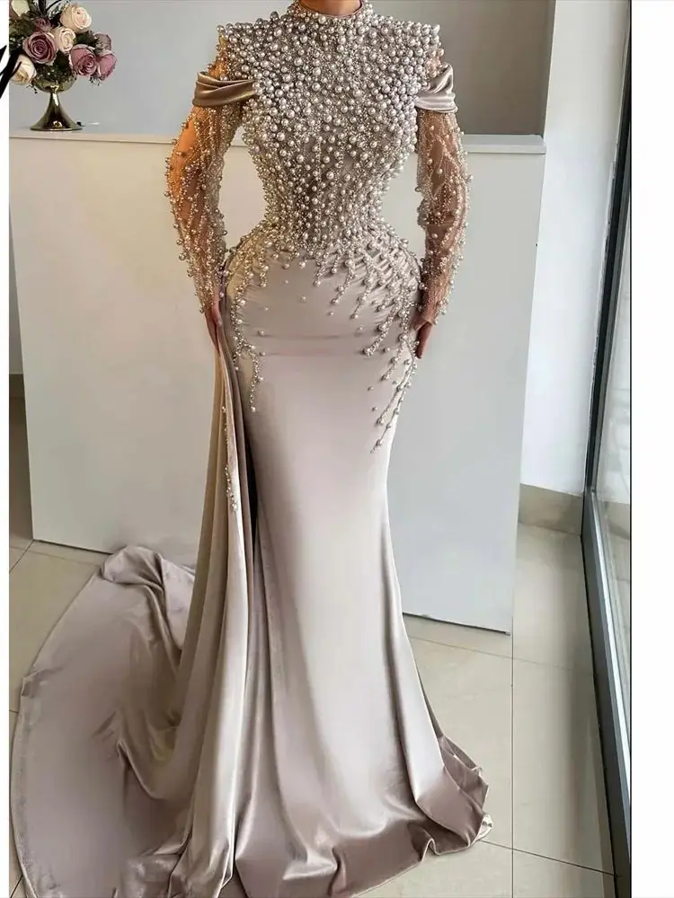 Jirocum Light Beige Satin فساتين السهرة High - Neckline Party Dresses Pearl - Embellished and Mesh - Sleeve Mermaid
