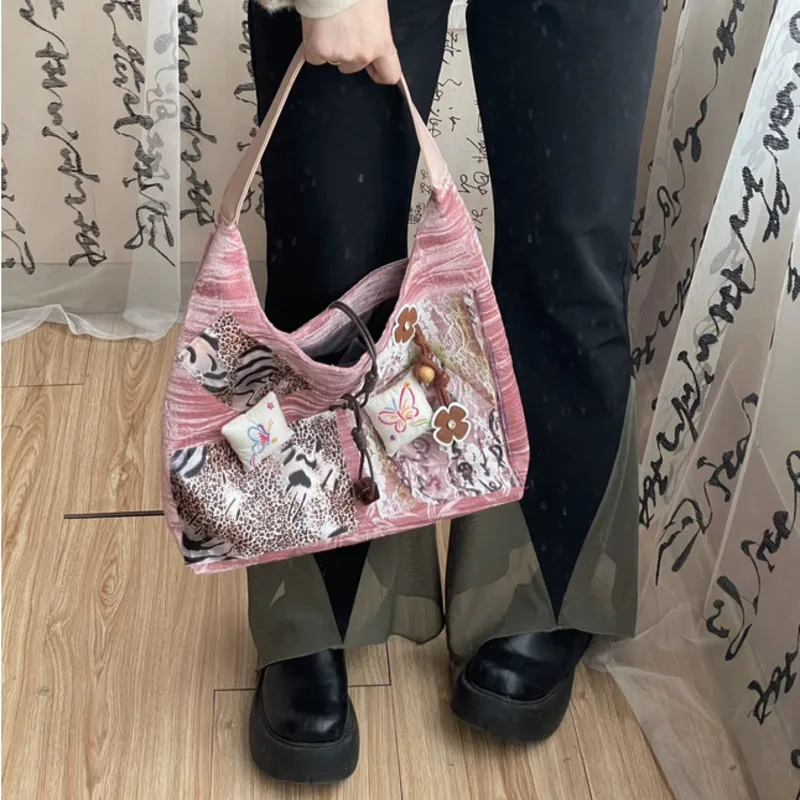 

Leopard Print Lace Bowknot Commuter Bag For Women Y2K Large Capacity Fashionable Personality Daily Solid Color Shoulder Handbag