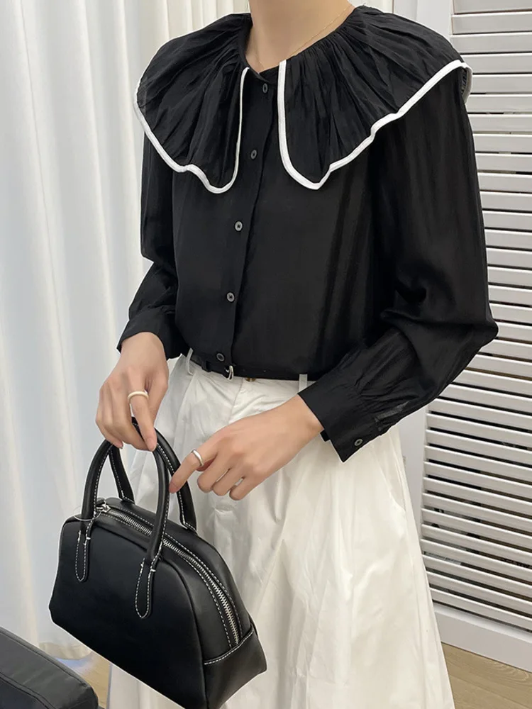 Korean Style Pleated Ruffle Edge Doll Neck Shirt Fashion All Match Black Casual Blouse Women 2024 Spring Summer X774