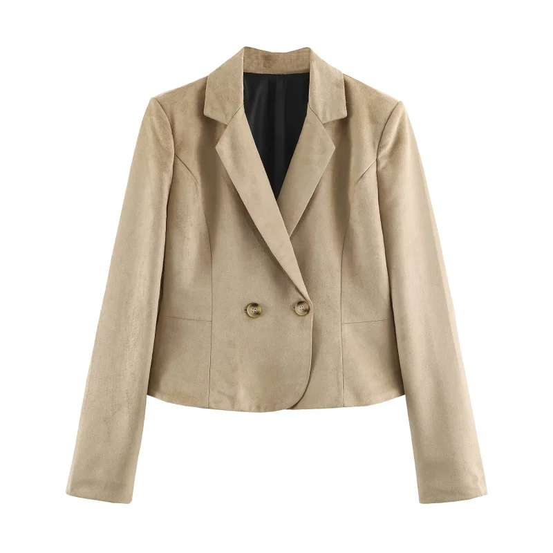 Women Cropped Blazer Lapel Double Breasted Shoulder Pads Long Sleeve Slim Fit Short Suit Jacket Autumn Vintage Outerwear