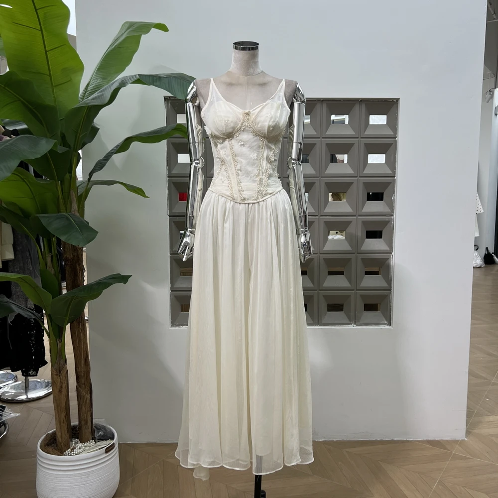 

New Summer Dress Women Two-Piece Suit Fishbone Corset Top Long Maxi Set Beaded Floral Party Club Evening Gown Fashion Design