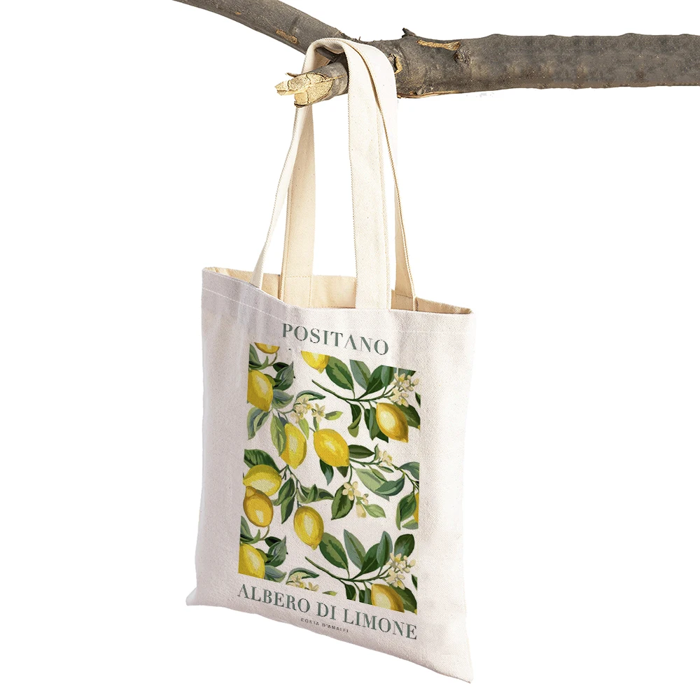 Valencia Positano Lemon Leaves Women Shopper Bags Children Gift Tote Linen Plant Travel Shoulder Handbag Lady Shopping Bag