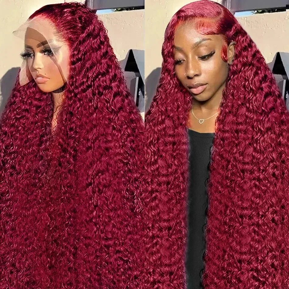 13X6 HD Transparent Burgundy Deep Water Wave Curly Human Hair Lace Frontal Wig 30 34 Inch 99j 13X4 Lace Front Human Hair Wigs