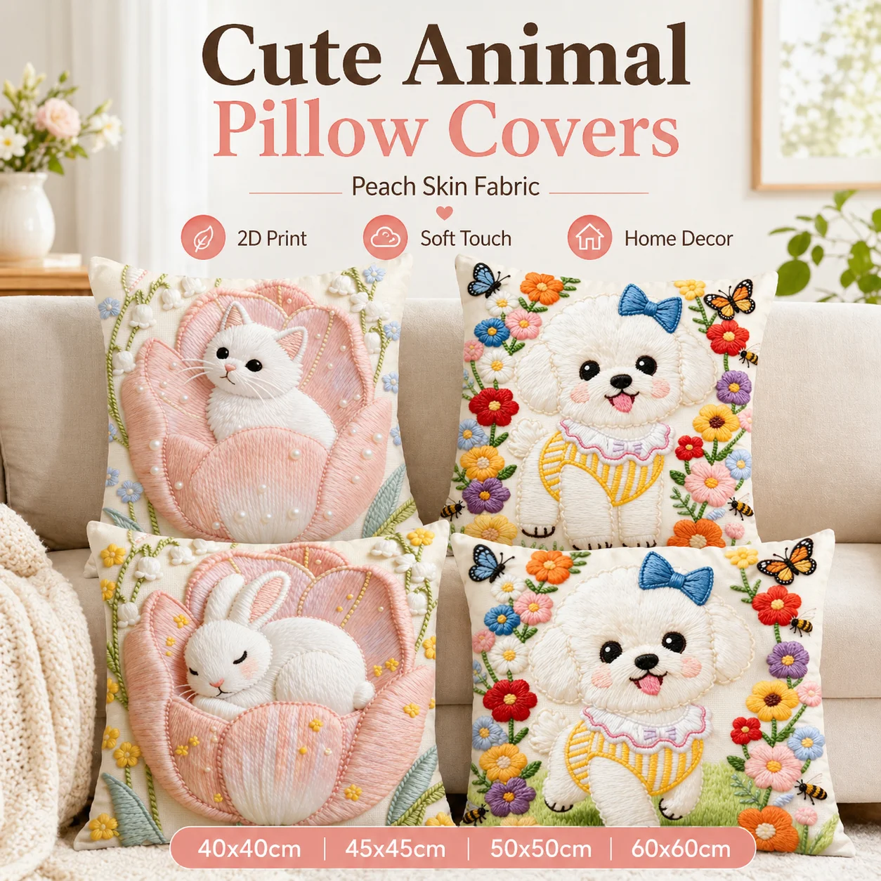 

Cute Animal Pillow Cover 2D Flat Printed Faux Embroidery Cat Dog Rabbit Cushion Case Peach Skin for Sofa Home Decor 45x45