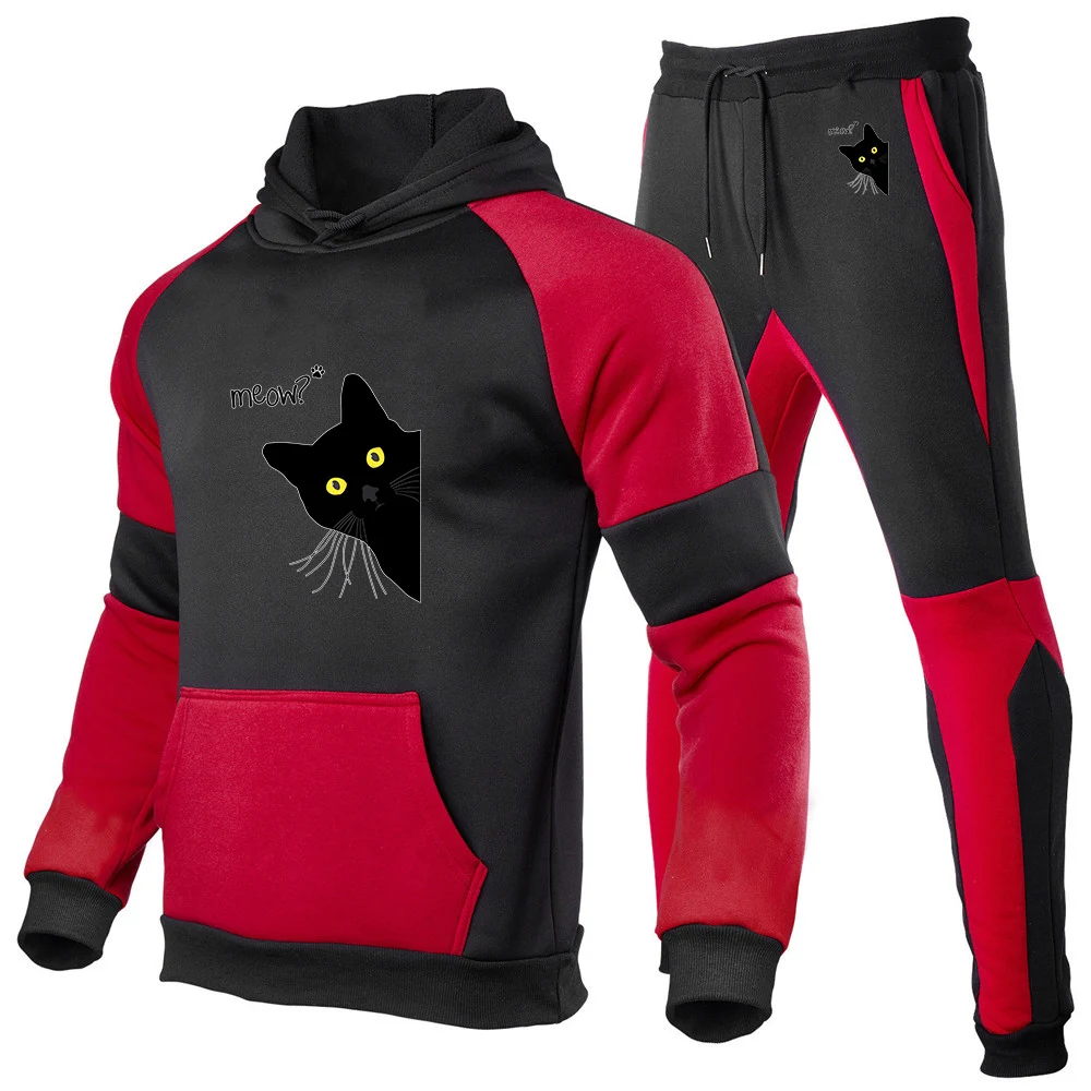 

Black Cat Funny Logo Print 2026 Spring And Autumn Men's Anti Collision Shirt Personality Hoodies Sports Long Pants Suits