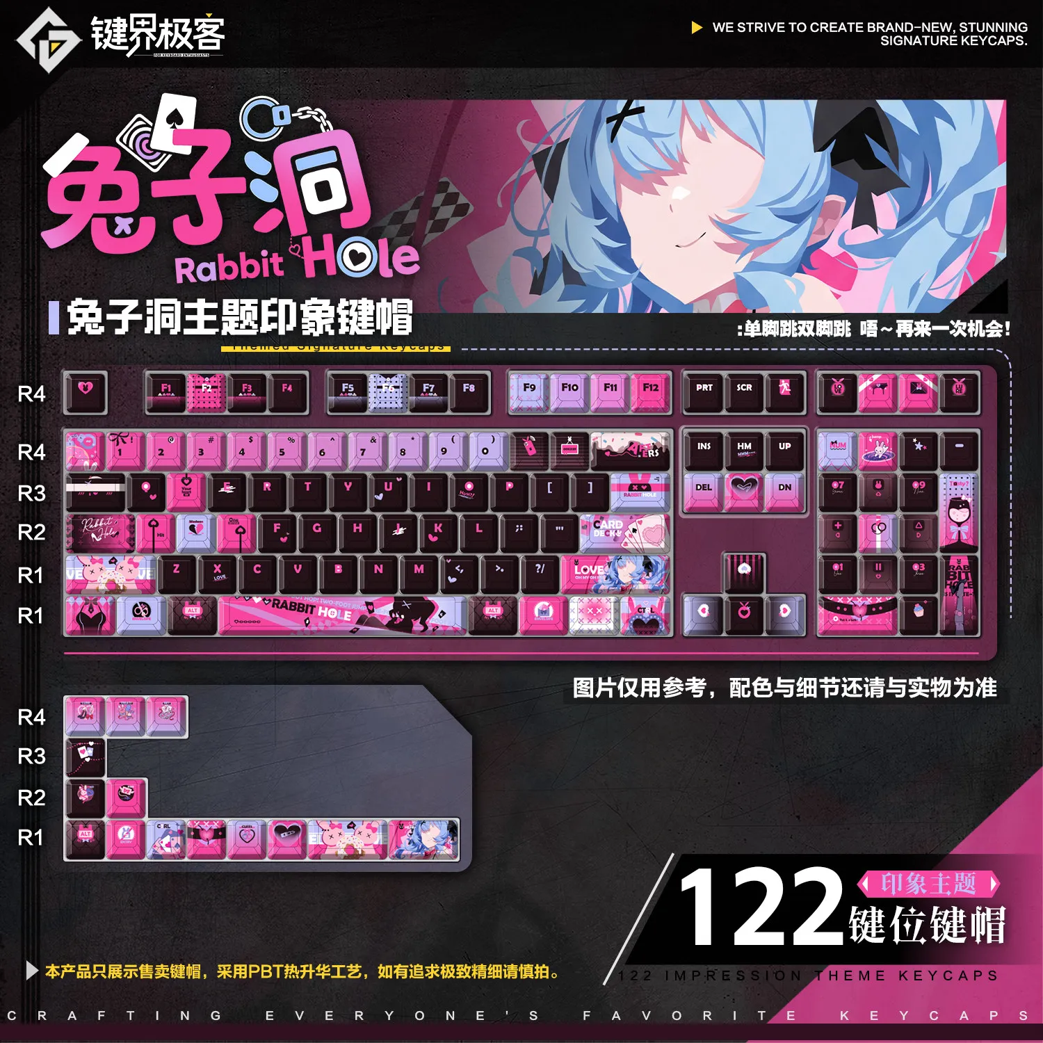 122 Keys Rabbit Hole 2 Keycaps Impression Cherry MOA PBT Side Engraved Dimensional Custom Game Keycaps Animation Keyboardcaps