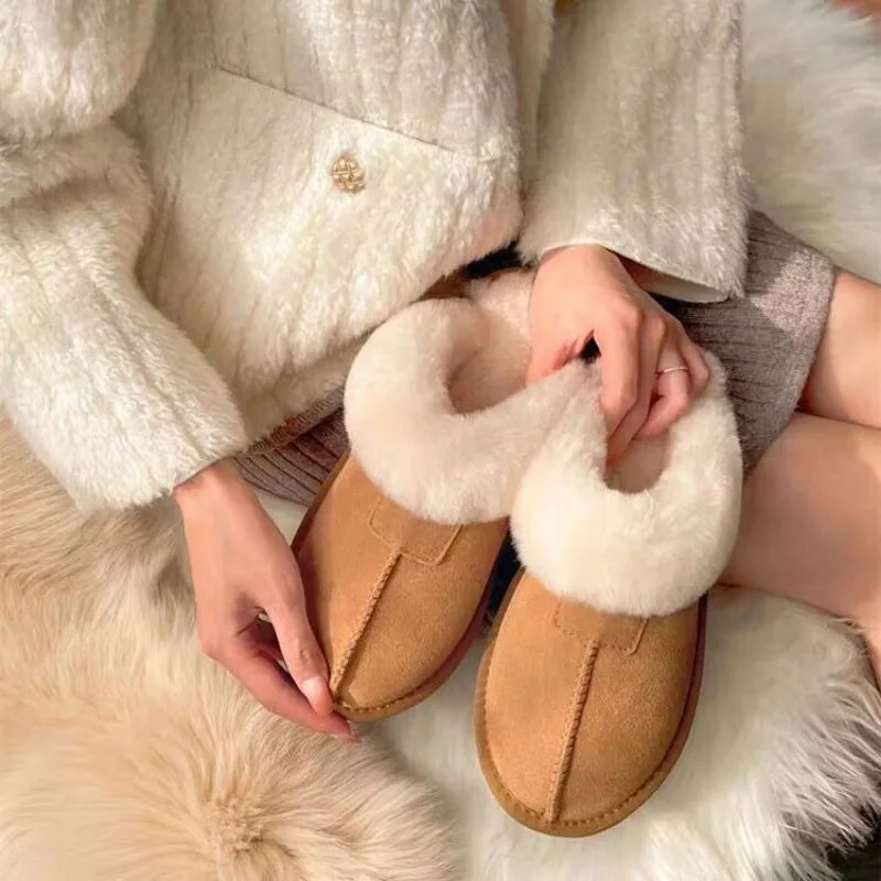 Cover Toe Fur Shoes House Slippers Platform Med Winter Footwear Slipers Women Slides Flock Plush 2024 Flat Shearling  shoes