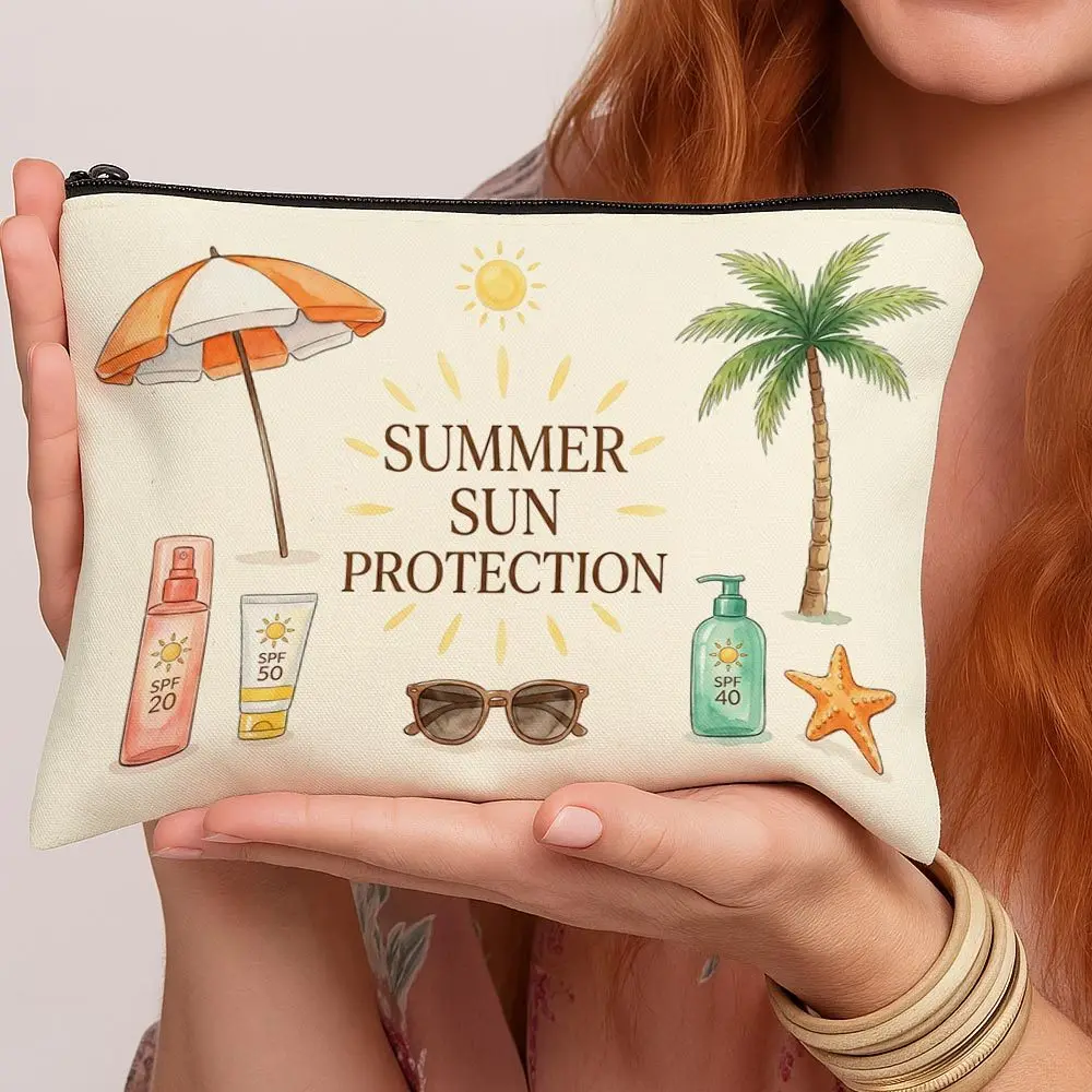 Women Tropical Beach Print Cosmetic Bag Lightweight Travel Makeup Organizer with Zipper Closure Portable Travel Toiletry Pouch