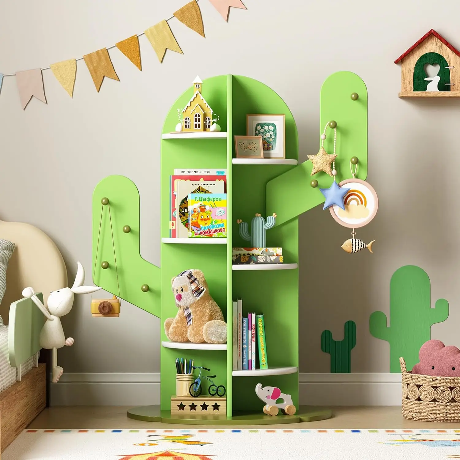 

Детский 6-ярусный деревянный стеллаж Монтессори для книг и игрушек с крючками, полка-кактус для демонстрации, декор для игровой комнаты, детской, спальни, зеленый
