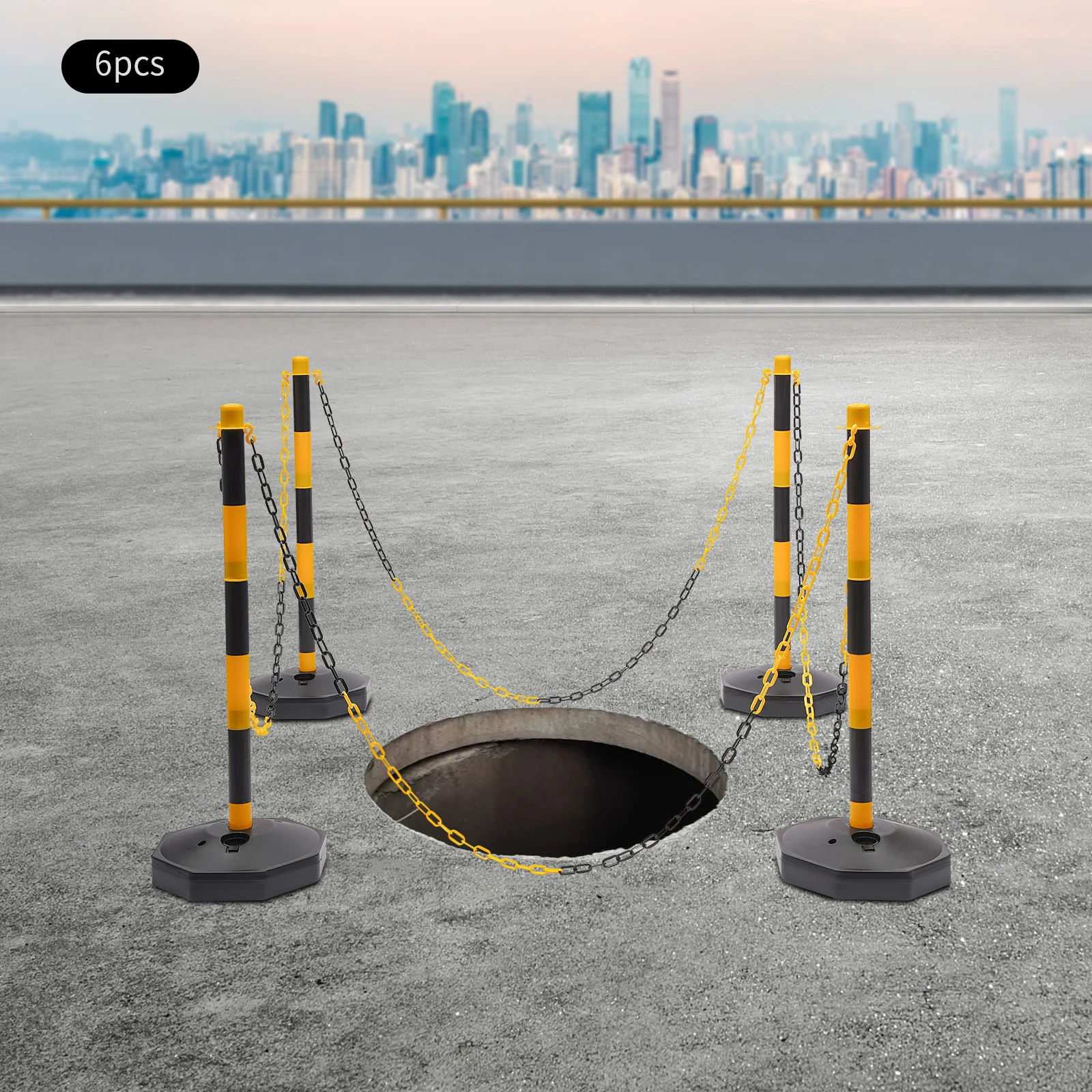 6Pcs Safety Warning Bollard Parking Pole Safety Traffic Bollard Post Fillable Base 2m Chain for Traffic/Pedestrian Control