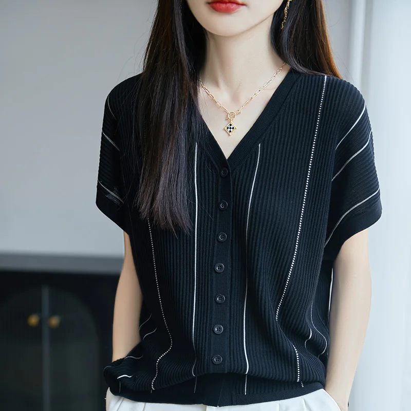 صيف جديد 100% ليوسيل المرأة قصيرة الأكمام عادية اللون منعت تي شيرت برقبة على شكل v فضفاضة وعصرية بلوفر مغزول #4