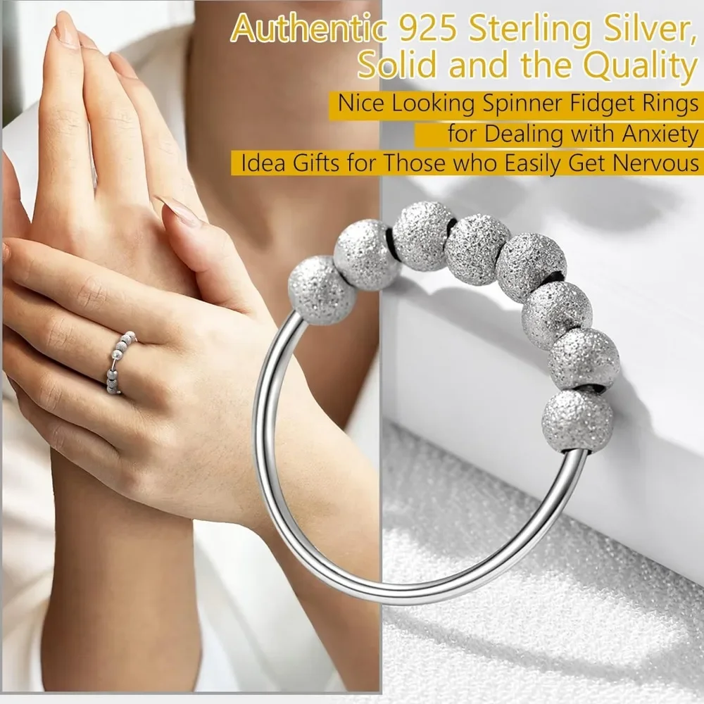 925 Sterling Silver Fidget Ring for Women, Anti Anxiety Removable Bead Ring, Cute and Minimalist, Size 5-11 QC24