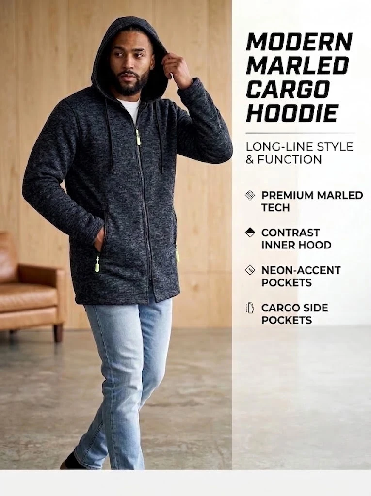 Neuer Herren-Hoodie mit Reißverschluss, lässiger mittellanger Sweatshirt-Fleece-Mantel, warmer Winter-Kapuzenmantel mit Reißverschlusstaschen. – Detail 1