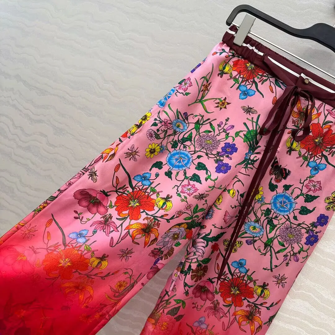Novo outono vintage 100% seda calças de perna larga feminina elástica cintura alta cinto vermelho floral impressão solta calças casuais