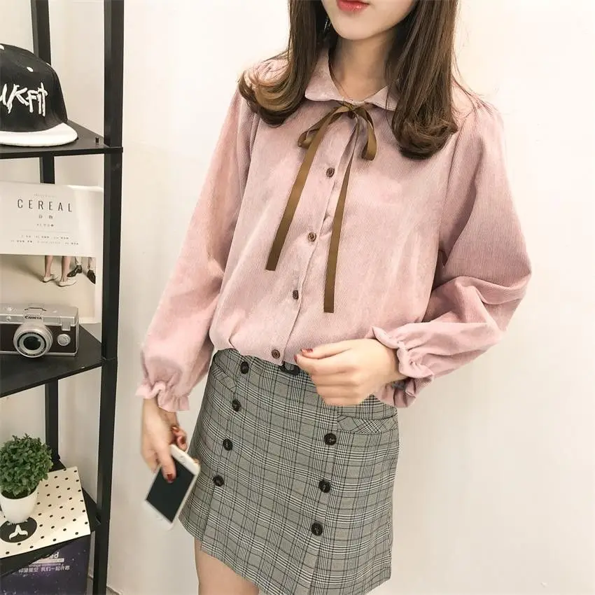 

Винтажная художественная вельветовая рубашка, женская корейская версия с длинным рукавом, свободный крой, утягивающий базовый слой, топ, весенне-осенняя куртка JJ289