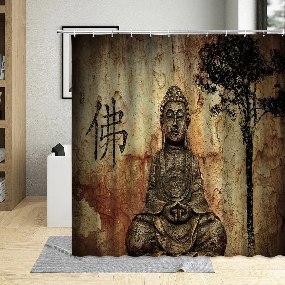 Vintage Buddha Zen Shower Curtains Black Stone Green Bamboo Orchid Spa Asian Bath Curtain Polyester Fabric Bathroom Decor Hooks