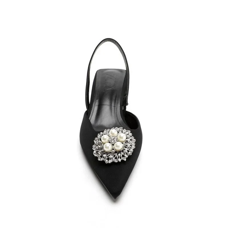 2025 أحذية نسائية جديدة أشار تو الضحلة عارية الوردي الماس اللؤلؤ أحذية كعب منخفض الظهر Strappy أحذية النساء الصنادل