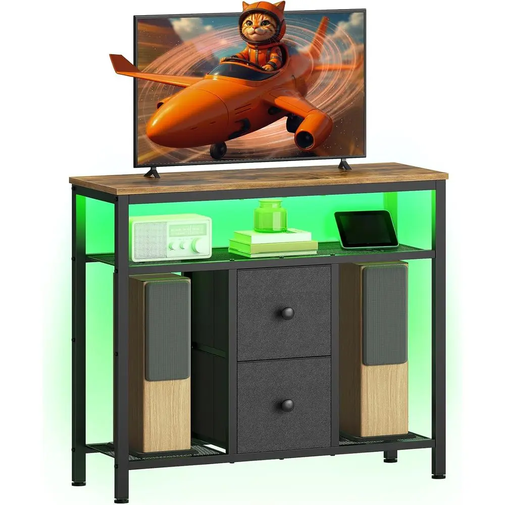 

Тумба под телевизор со светодиодной подсветкой, высокий медиацентр с 2 тканевыми ящиками, для гостиной, спальни, черный и деревенский коричневый цвет