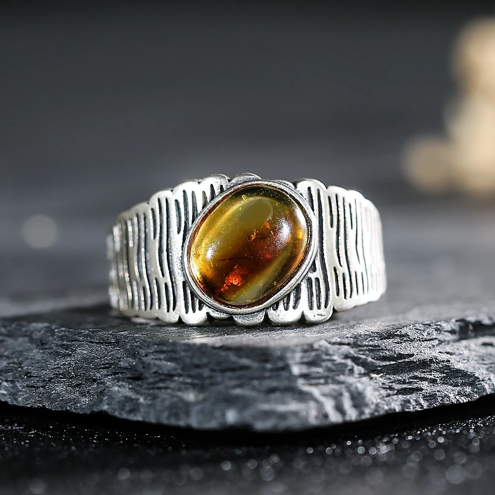 Vintage style S925 sterling silver ring, natural amber men's ring, party jewelry accessories, neutral couple men's wide ring