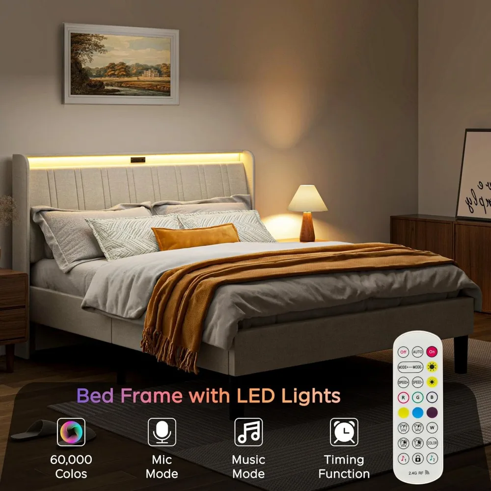 هيكل سرير منجد بإضاءة LED، سرير بمنصة الأميرة بيجيلفيت، دعامة شرائح خشبية قوية، محطة شحن مدمجة، خالية من الضوضاء/