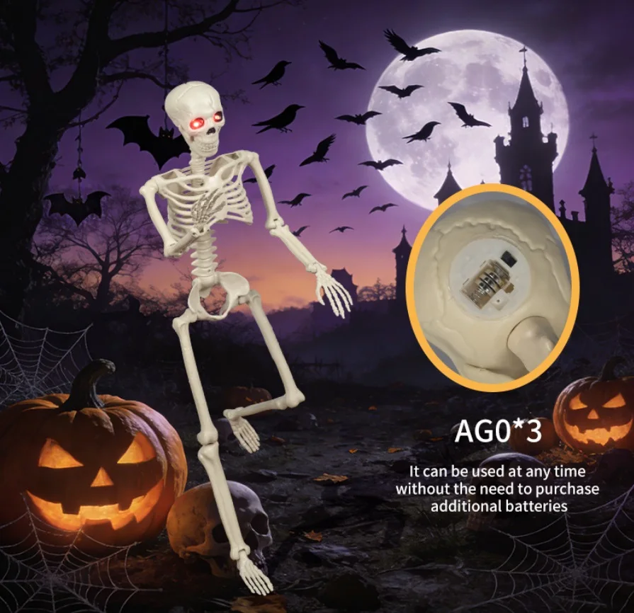 90cm Movable Joints Halloween Skeleton,Simulation Skeleton with Glowing Eyes And Scary Sound for Halloween Decoration