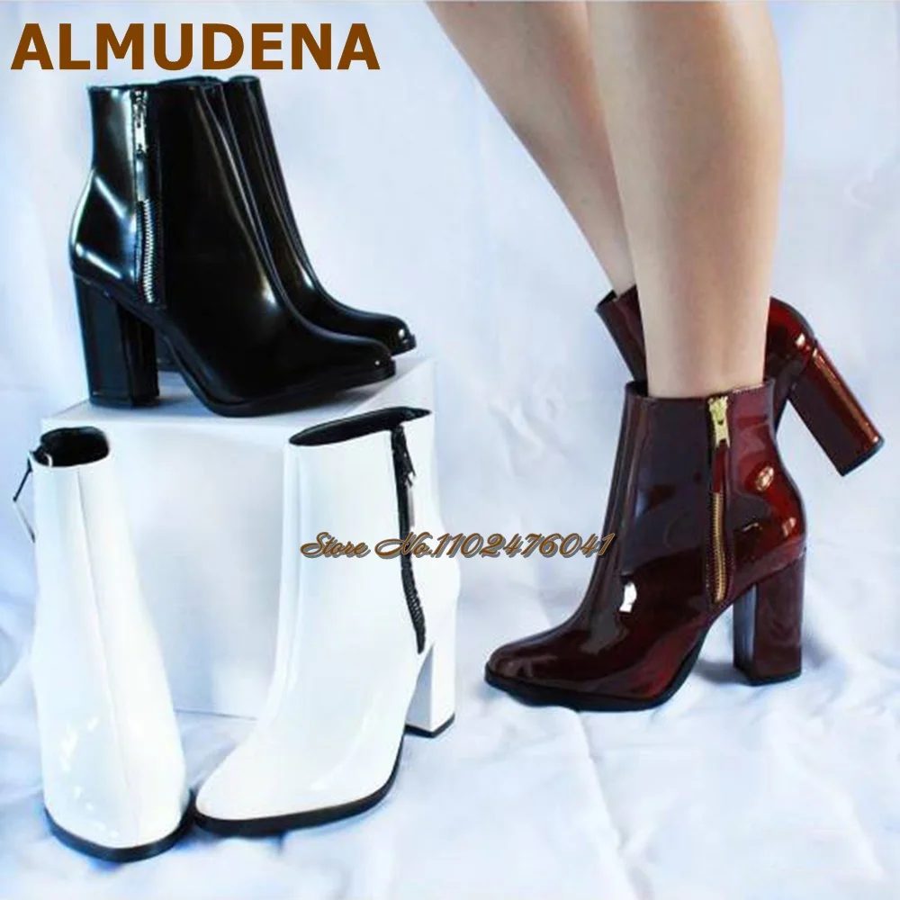 ALMUDENA Burgundy Patent Leather Chunky Heel Ankle Boots Women Zipped Block Heel Short Booties Size46 Dress Pumps Dropship