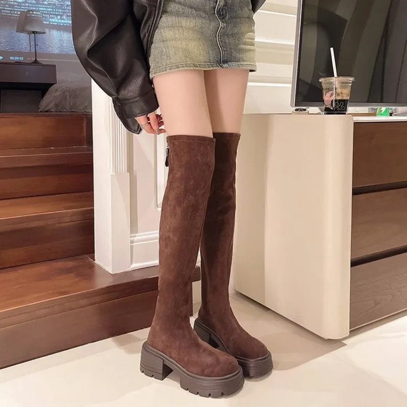 

Vintage Stretch Women Knee High Boots Fashion Slip On Shoes Autumn Winter Thick Heel Ladies Morder Long Booties Round Toe Women'