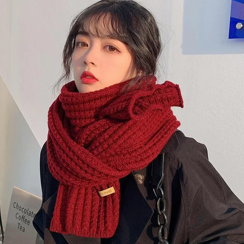 Versatile Korean Knitted Wool Red Long Fashionable Scarf for Women's New Winter Cute and Warm Couple Neck