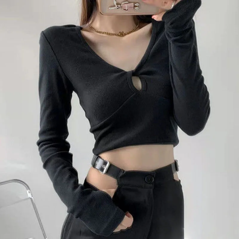 Lucyever V-Neck Hollow Out Crop Tops for Women Korean Style Slim Fit Long Sleeve T-Shirt Woman Y2K Streetwear Skinny Pullovers