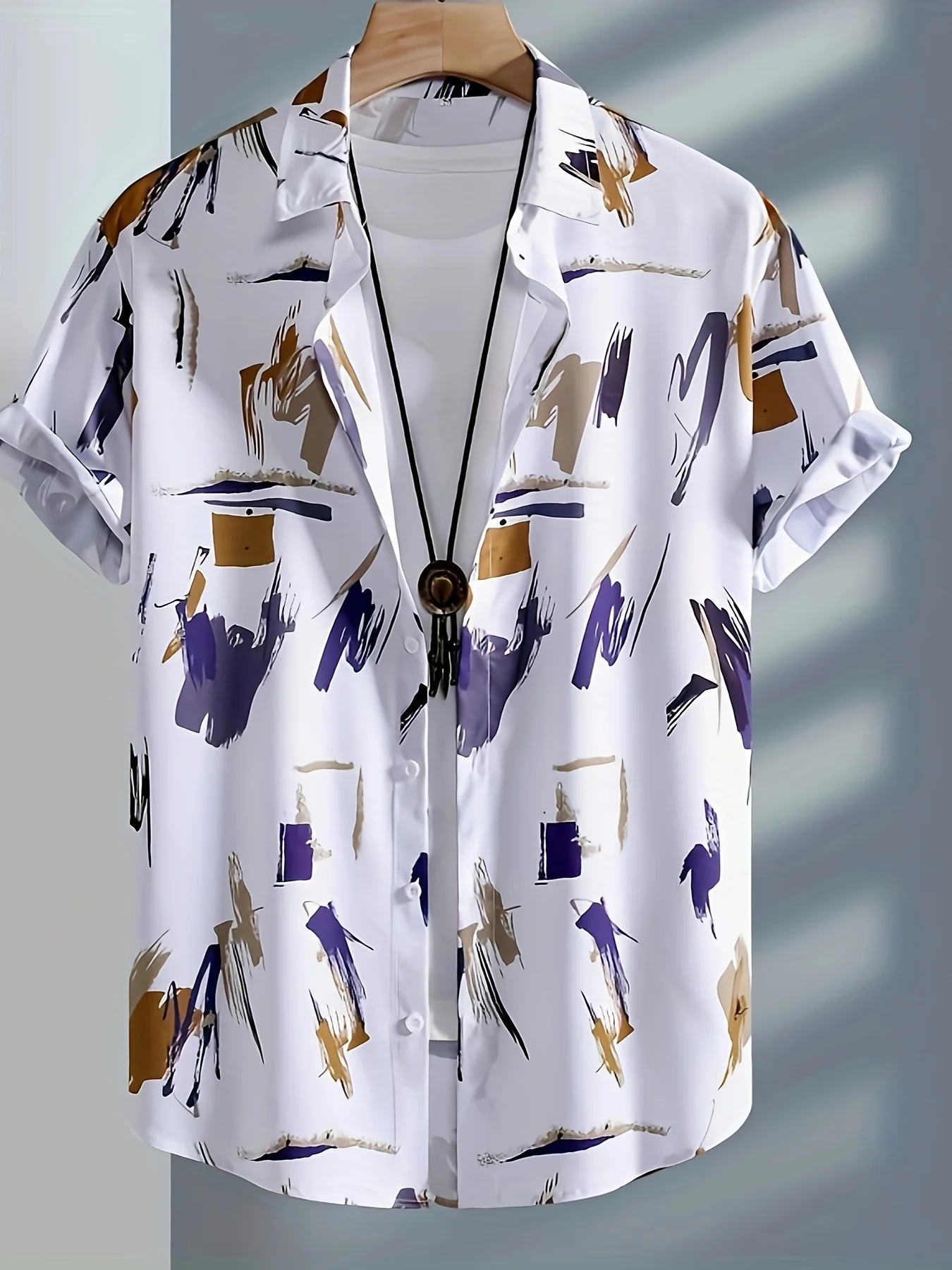 Men Abstract Purple Brown Brush Stroke Geometric Print Short Sleeve Turn-down Collar Shirt Summer Casual Button Down Street Top