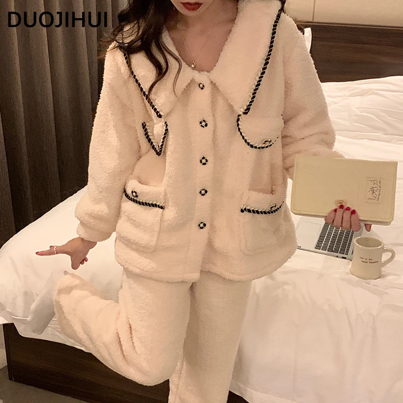 DUOJIHUI-Conjunto de pijamas quentes e grossos para mulheres, manga longa, solta, cor sólida, moda simples, 3 cores, inverno, novo