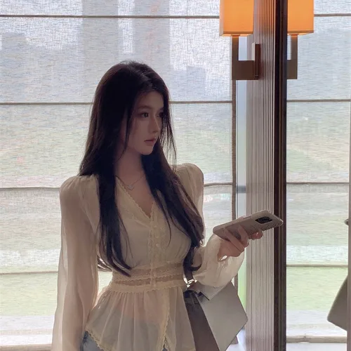 브이넥 긴팔 버블 슬리브 레이스 풀오버 상의, 로우칼라, 로맨틱 여성복, 유럽 미국 스타일, 여름 신상 