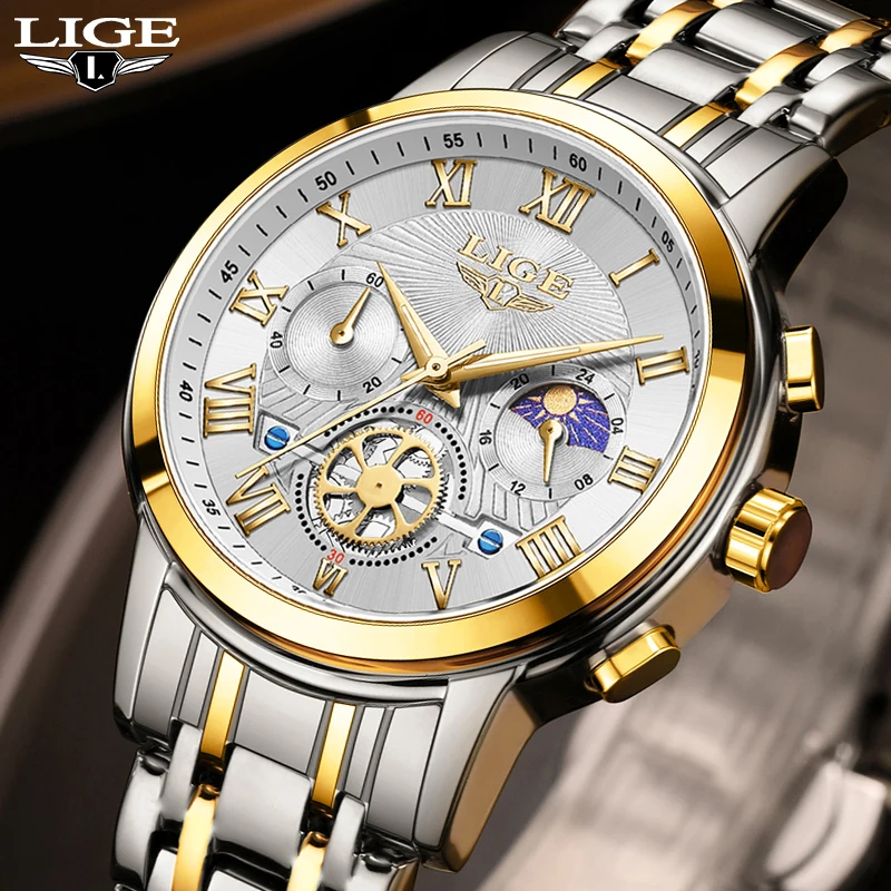 

LIGE Men's Watches Top Brand Luxury Quartz Watch for Man Chronograph 24 Hour Display Moon Phase Waterproof Luminous Wristwatch