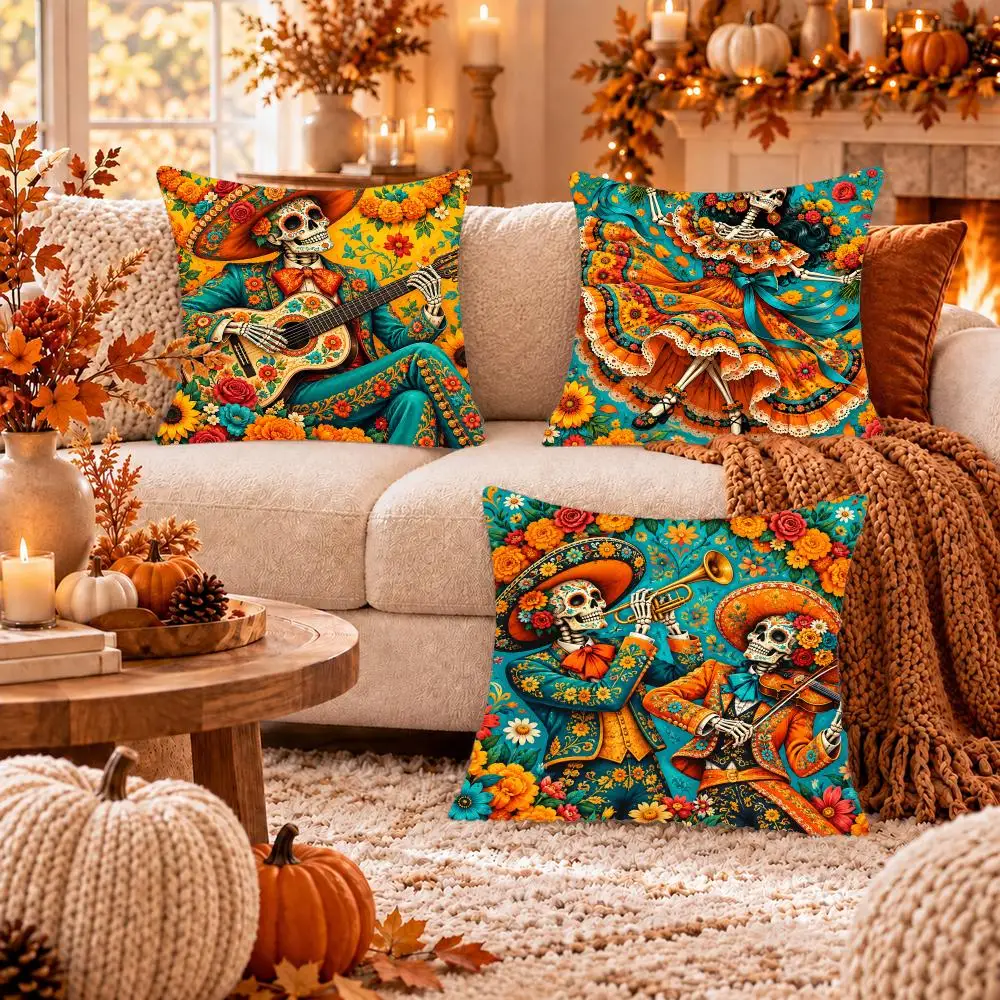 Marigold Skeleton Fiesta Variants Cushion Cover Soft Short Plush Pillow Cover Smooth Cozy Texture Cushion Case Home Decor