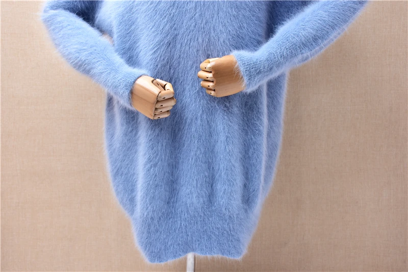 Women Mujer Autumn Winter Clothing Hairy Angora Rabbit Hair Knitted Long Sleeves V-Neck Loose Pullover Mink Fur Jumper Sweater