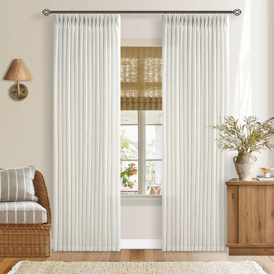 

Pleated 90 Inch Linen Curtains 2 Panels Set for Living Room Pinch Pleat Drapes Track System Memory Trained Light Filtering Semi