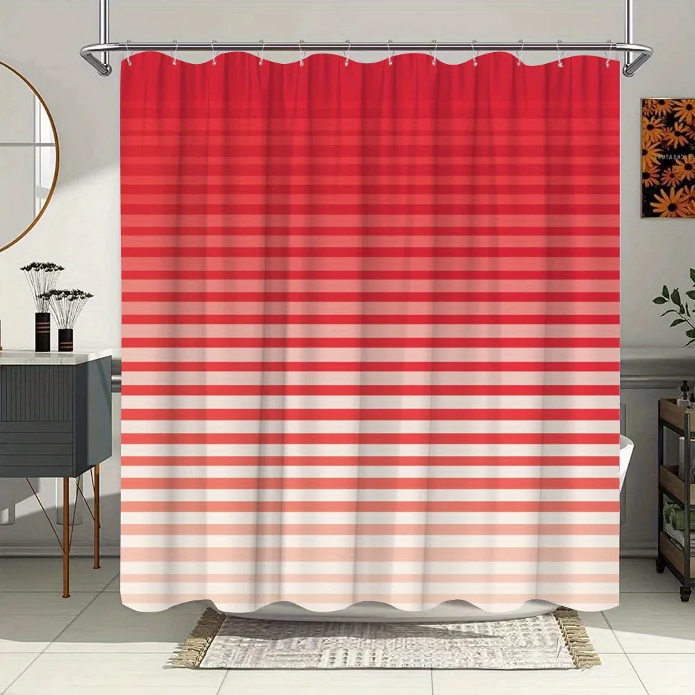 

1pc Water-Resistant Polyester Shower Curtain, Red to Beige Gradient with Horizontal Stripes, Minimalist Abstract Landscape Desig