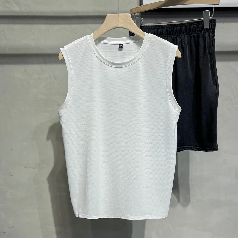 New Summer Ice Silk Breathable Sleeveless T-Shirt Men's Sporty Pure Color Youth Shoulder Pad Sweatshirt Loose Fit round Neck