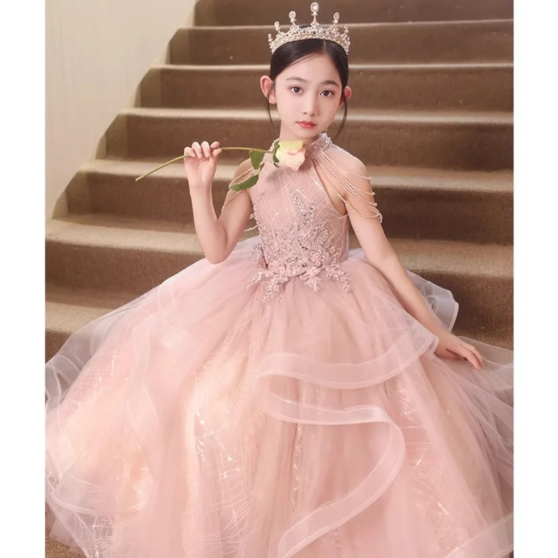 Formal Pink Bridemaid Dresses For Girls Evening Elegant Sequin Tulle Flower Princess Wedding Party Dress Birthday Prom Costume