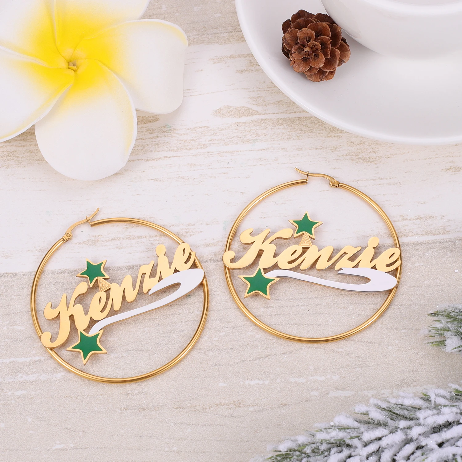 Dascusto Personalized Name earrings Christmas Star Design Two - Tone Custom Festive Jewelry for Women