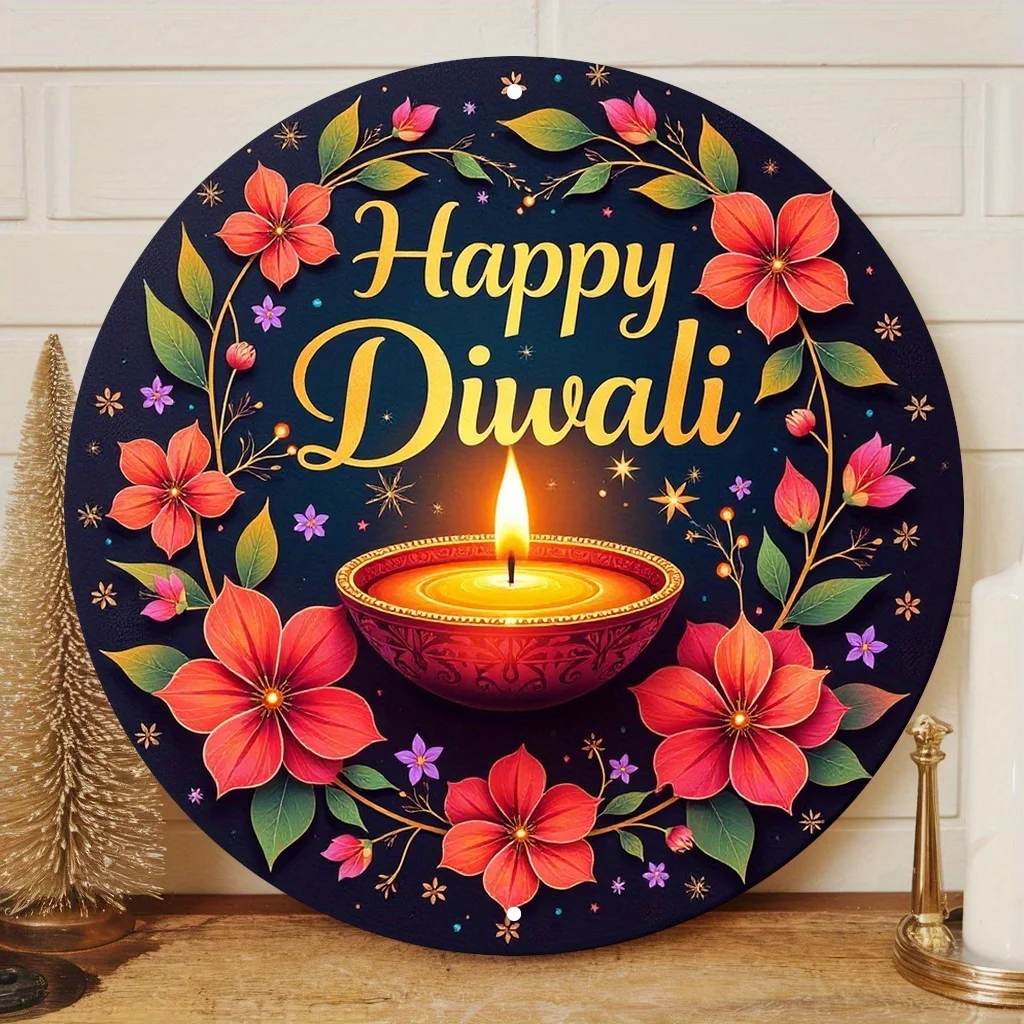 2D Flat - [2D Flat] 2D Plane, 2D Plane Printing 1pc of Metal Wrought Iron Sign Happy Diwali Sign - HD UV Printing, Floral And Oi