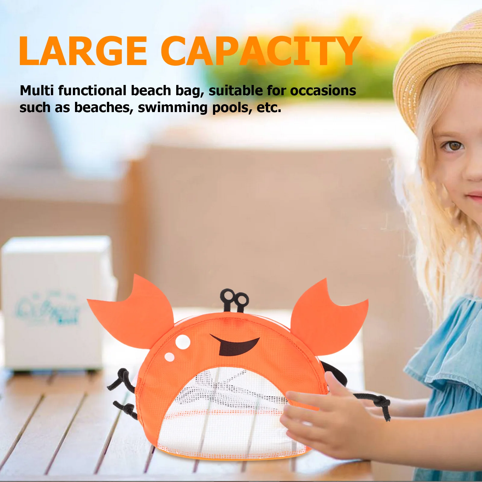 Adorable Crab Print Beach Mesh Bag for Boys Girls Large Compartment Shell Collector Bag with Breathable Mesh Material for Summer