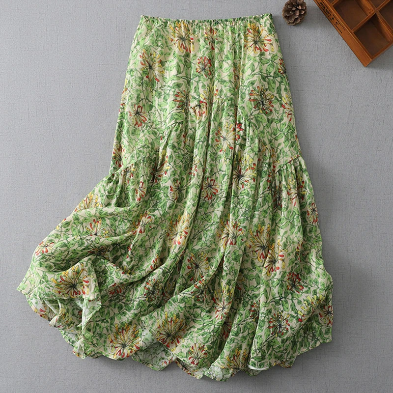 Green Floral Print Women' Skirt 2026 Summer New Elastic Waist Loose Casual Long Skirts Fresh Versatile Elegant Woman Clothes