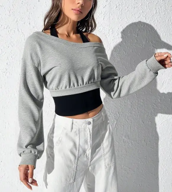 

Women's Spring New Trendy Sporty Style Match Color Splicing Fake Two Piece Design Slant Neck Off Shoulder Hanging Neck T-Shirt
