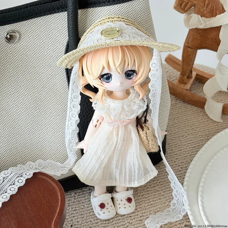 Lace Dress Set for Bunny Dream Box BJD, OB24 17cm Clothes with Straw Hat Bag Shoes, Cosplay Outfit (Doll Not Included) - view 3